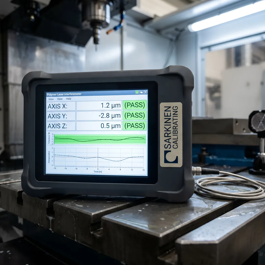CNC machine calibration measurement system displaying precision accuracy data