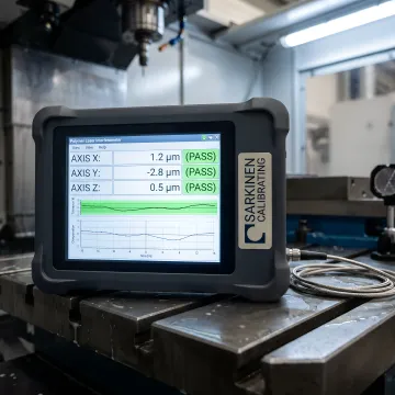 CNC machine calibration measurement system displaying precision accuracy data