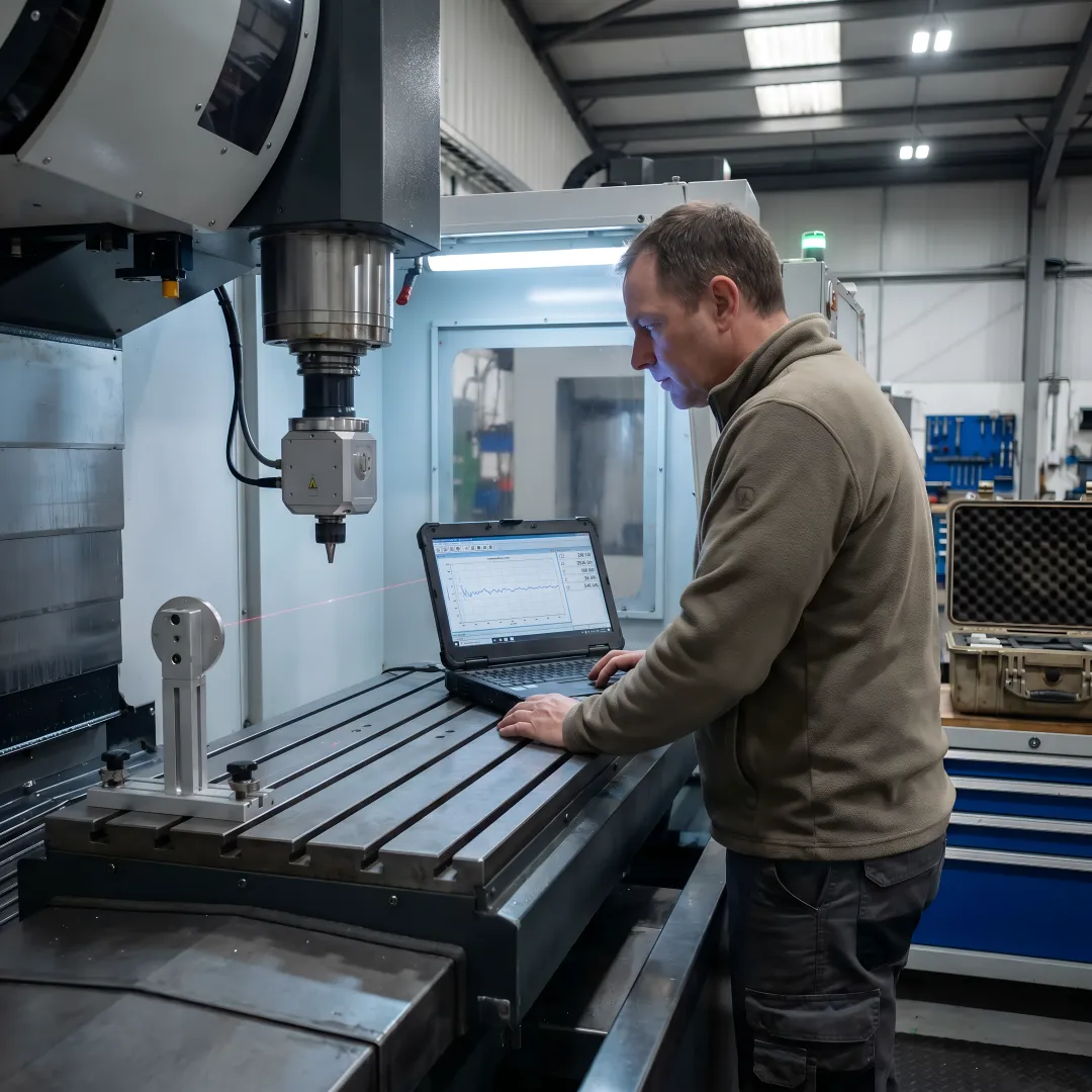 Precision laser measurement equipment displaying accuracy data on CNC machine axis