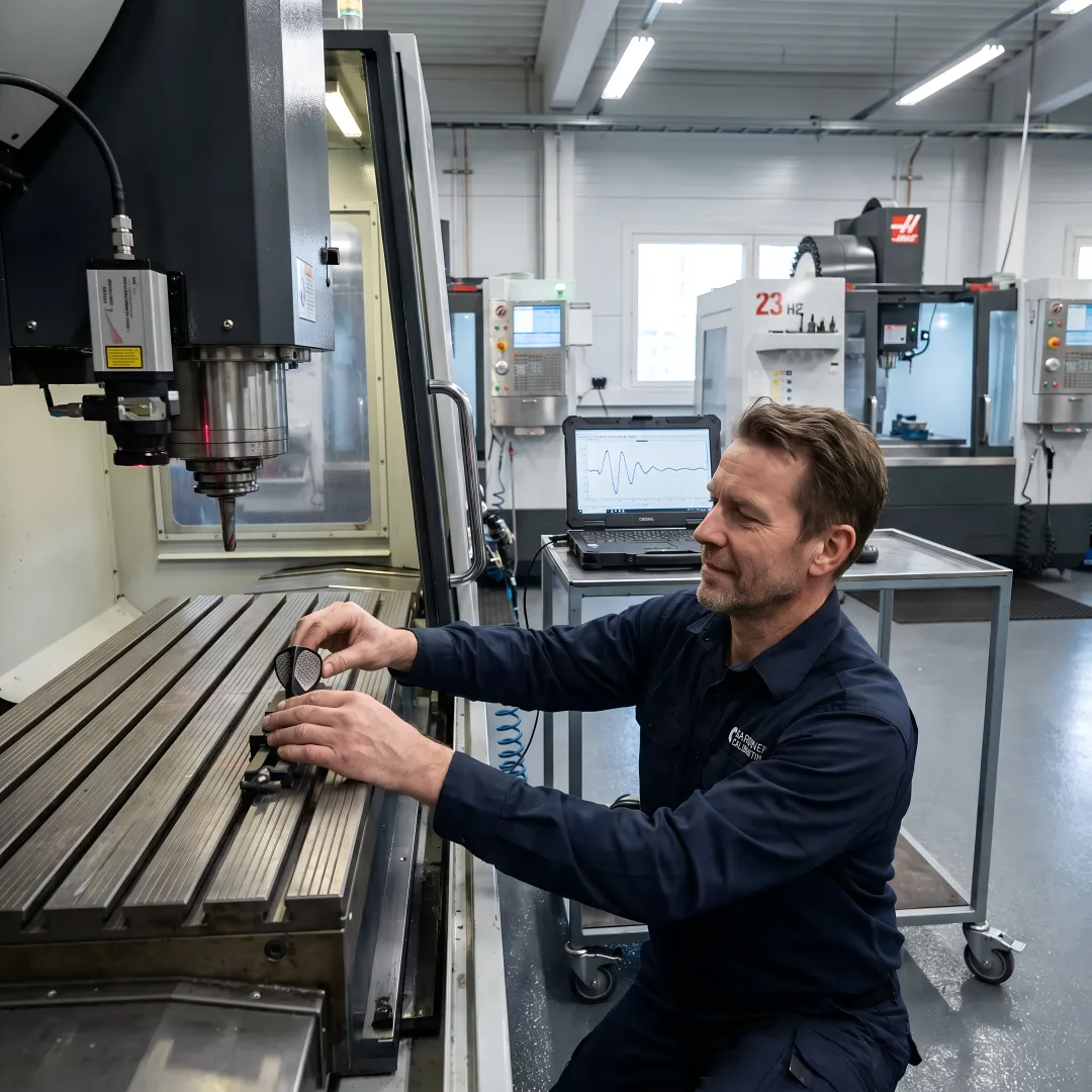 Precision calibration technician performing laser interferometer testing on CNC machine axis