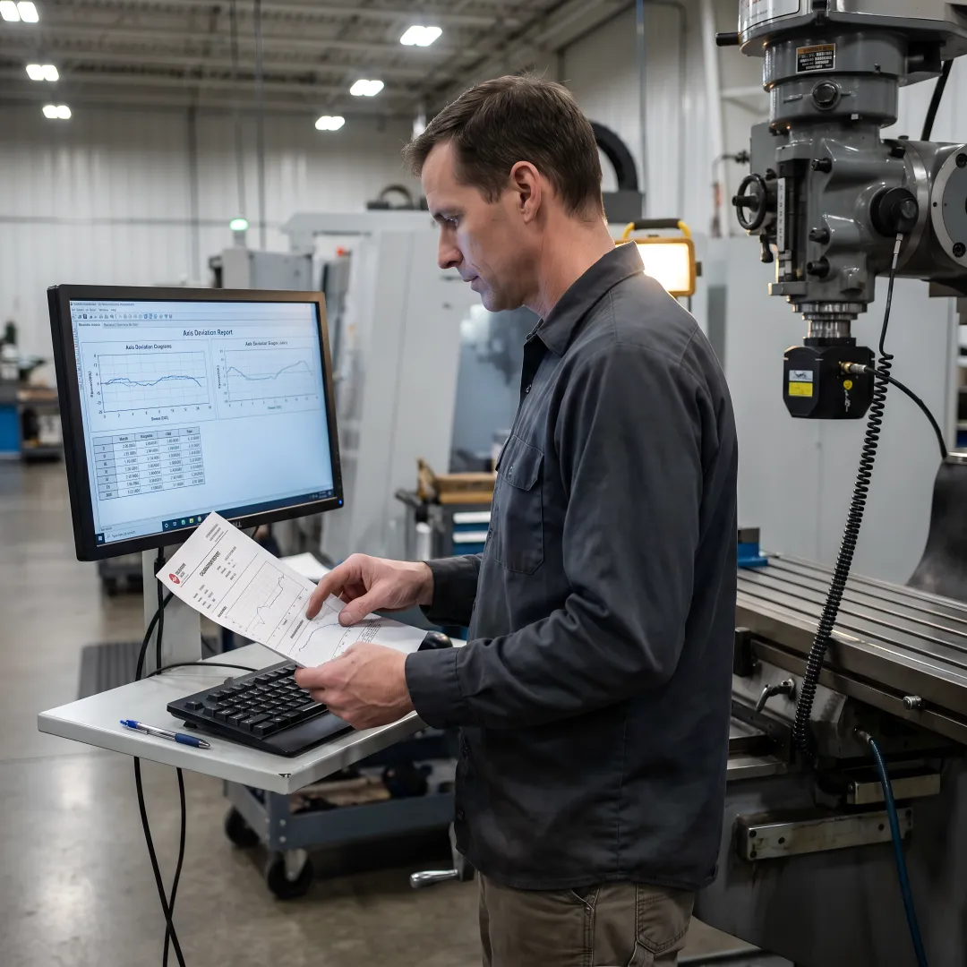 Calibration technician analyzing CNC machine measurement data on laptop in machine shop