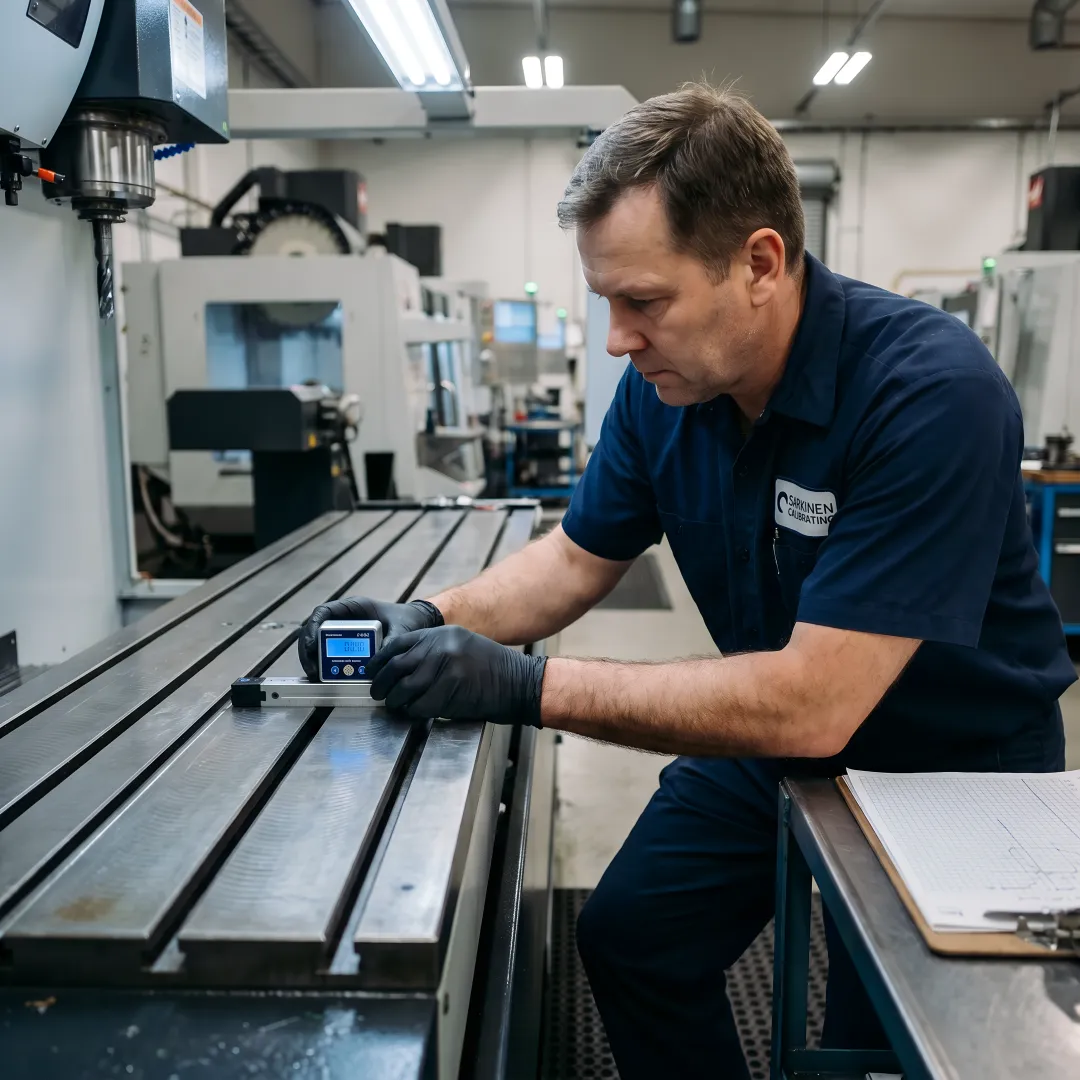 Precision electronic level being used to calibrate a CNC machine bed