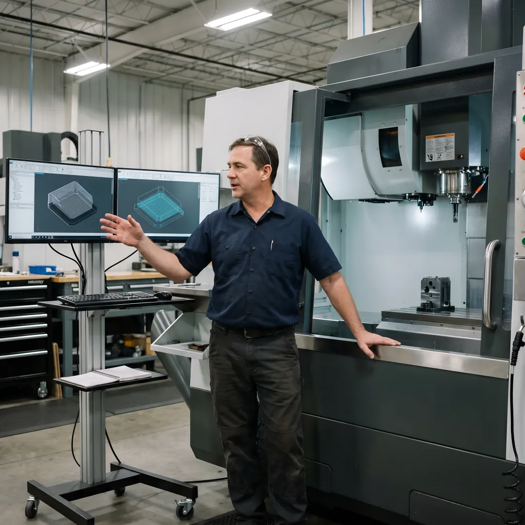 Instructor demonstrating 5-axis CNC programming techniques on modern machining center