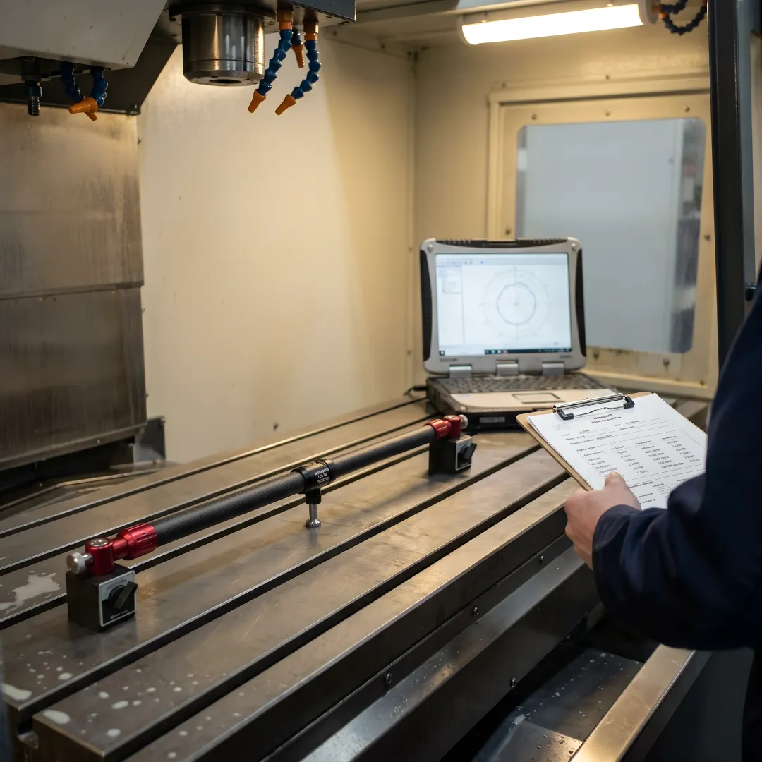 Close-up of Renishaw QC20-W wireless ballbar mounted between CNC machine spindle and table during calibration test