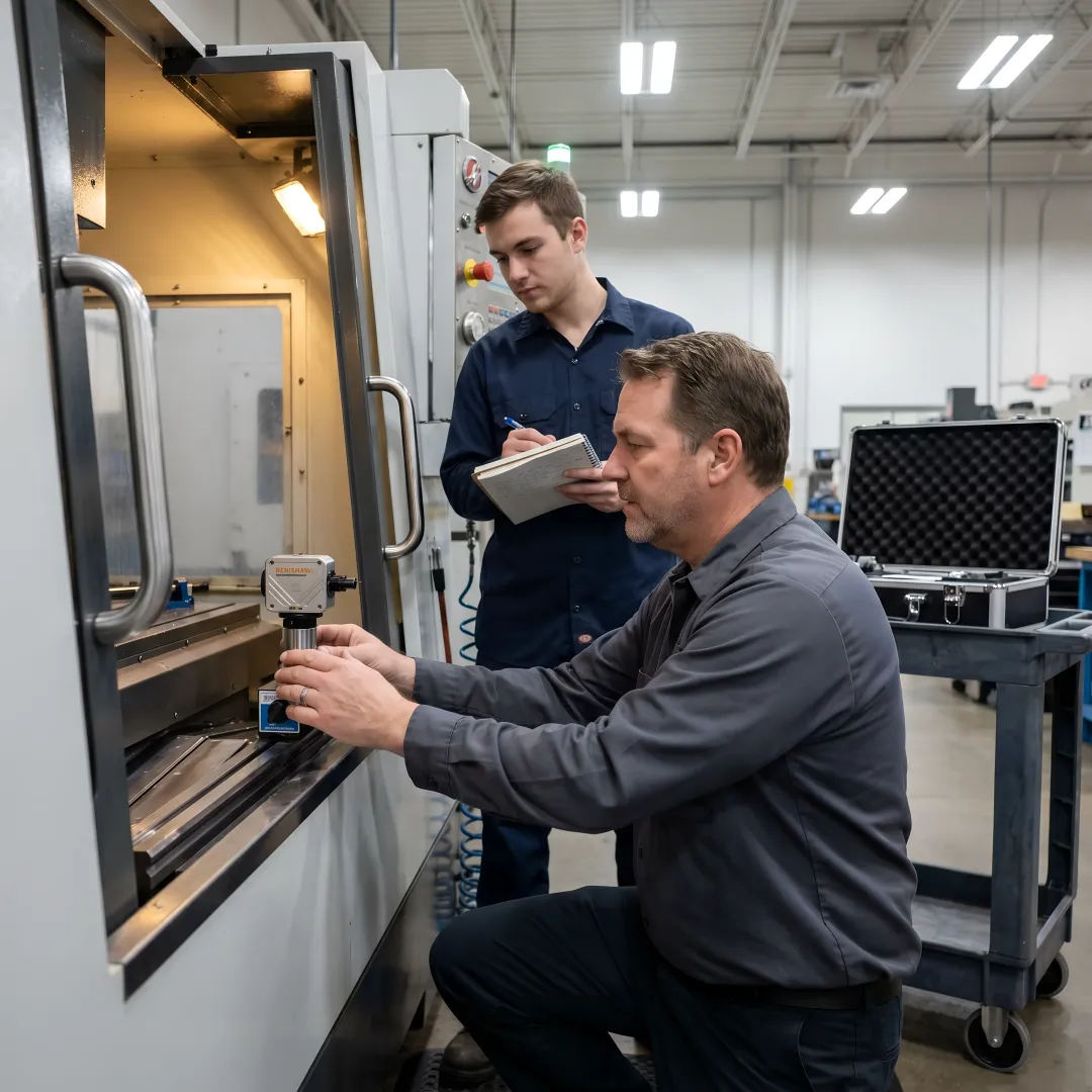 Technician learning CNC machine calibration with precision measurement equipment