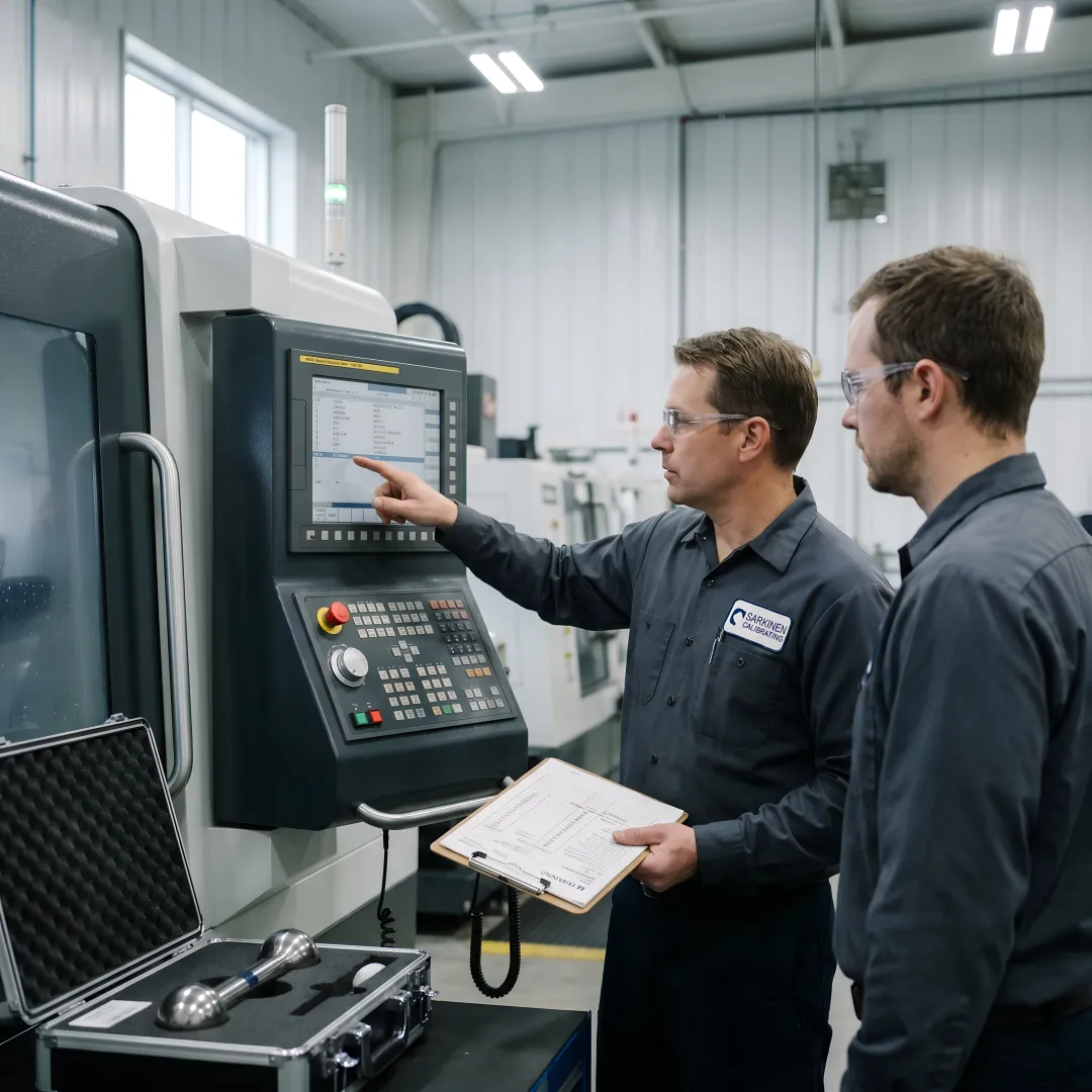 Technical trainer working with machinist at CNC control panel during hands-on training session