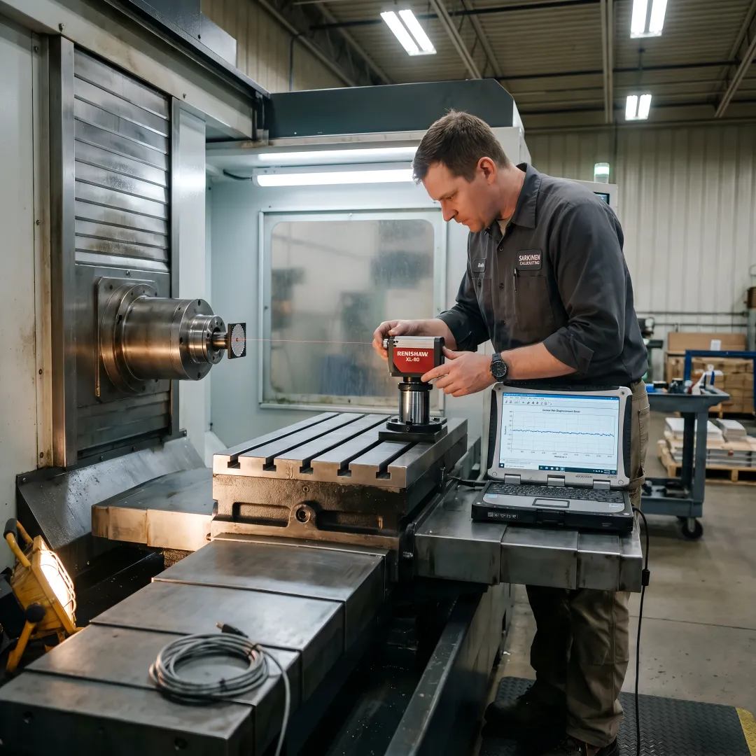 Calibration technician using laser interferometer on CNC machine