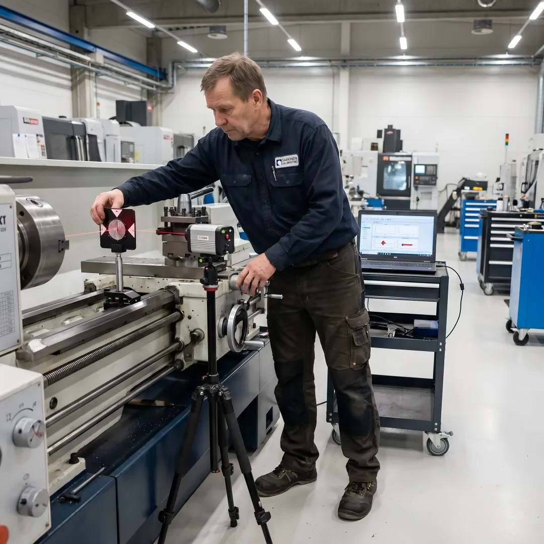 Technician performing laser calibration on CNC turning center with measurement equipment