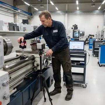 Technician performing laser calibration on CNC turning center with measurement equipment