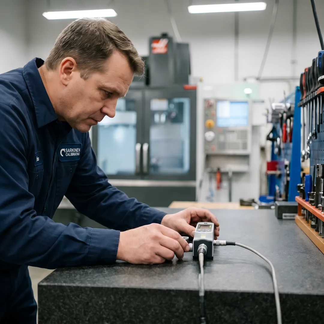 Calibration technician measuring surface plate flatness with precision instrumentation