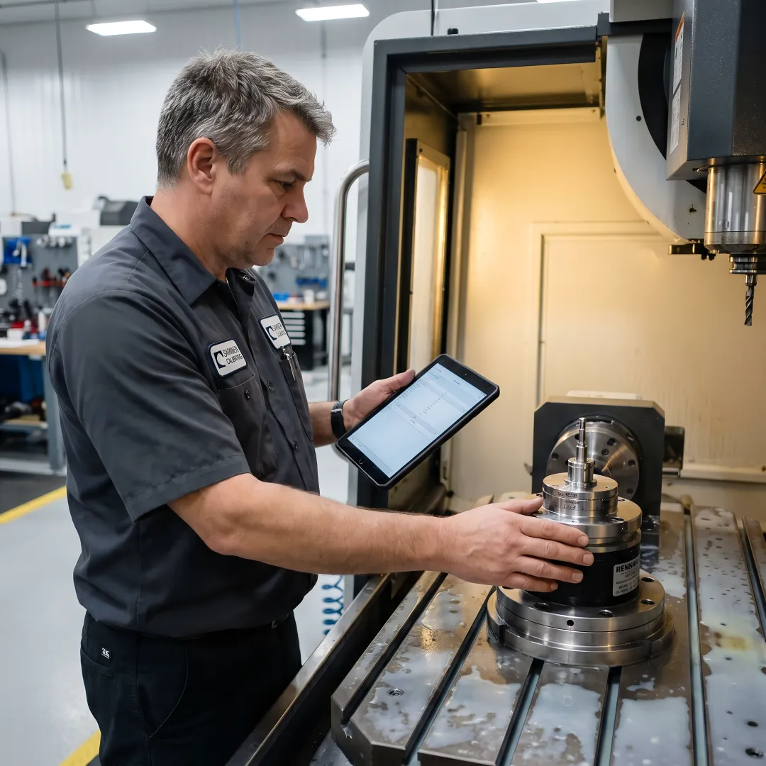 Technician performing rotary axis calibration on 5-axis CNC machine