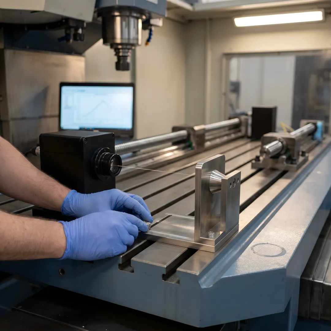 CNC machine undergoing precision laser calibration with Renishaw interferometer equipment