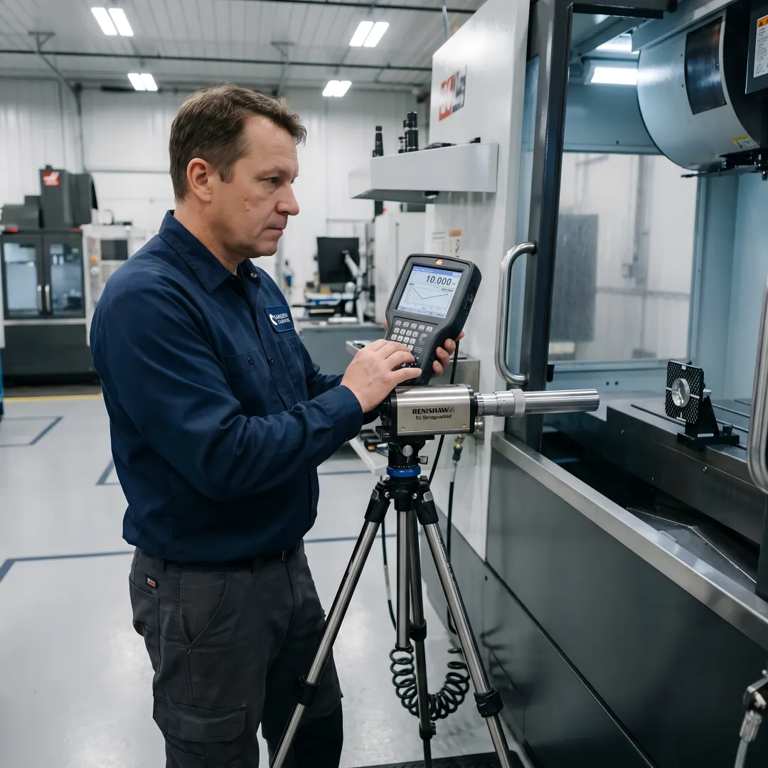 Precision laser interferometer measuring CNC machine tool linear axis accuracy in manufacturing facility