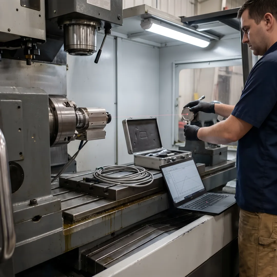 Close-up of laser interferometer measuring linear axis movement on precision CNC machine