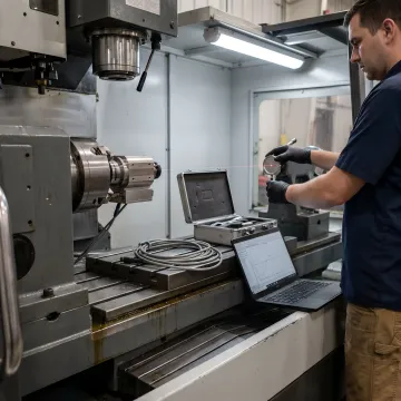 Close-up of laser interferometer measuring linear axis movement on precision CNC machine
