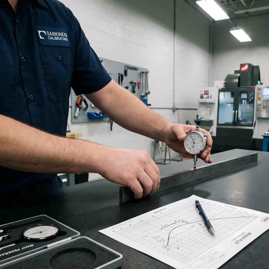 Surface plate calibration technician performing flatness verification