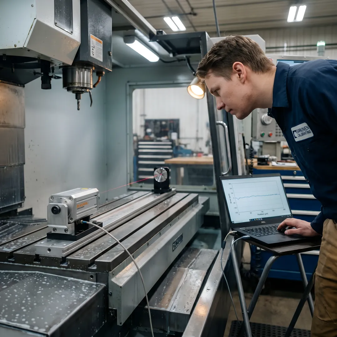Precision laser interferometer calibrating CNC machine axis in manufacturing facility