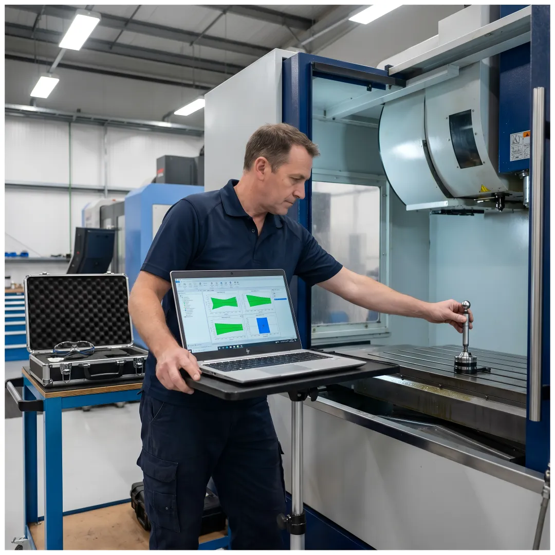 Calibration technician analyzing laser measurement data on CNC machining center