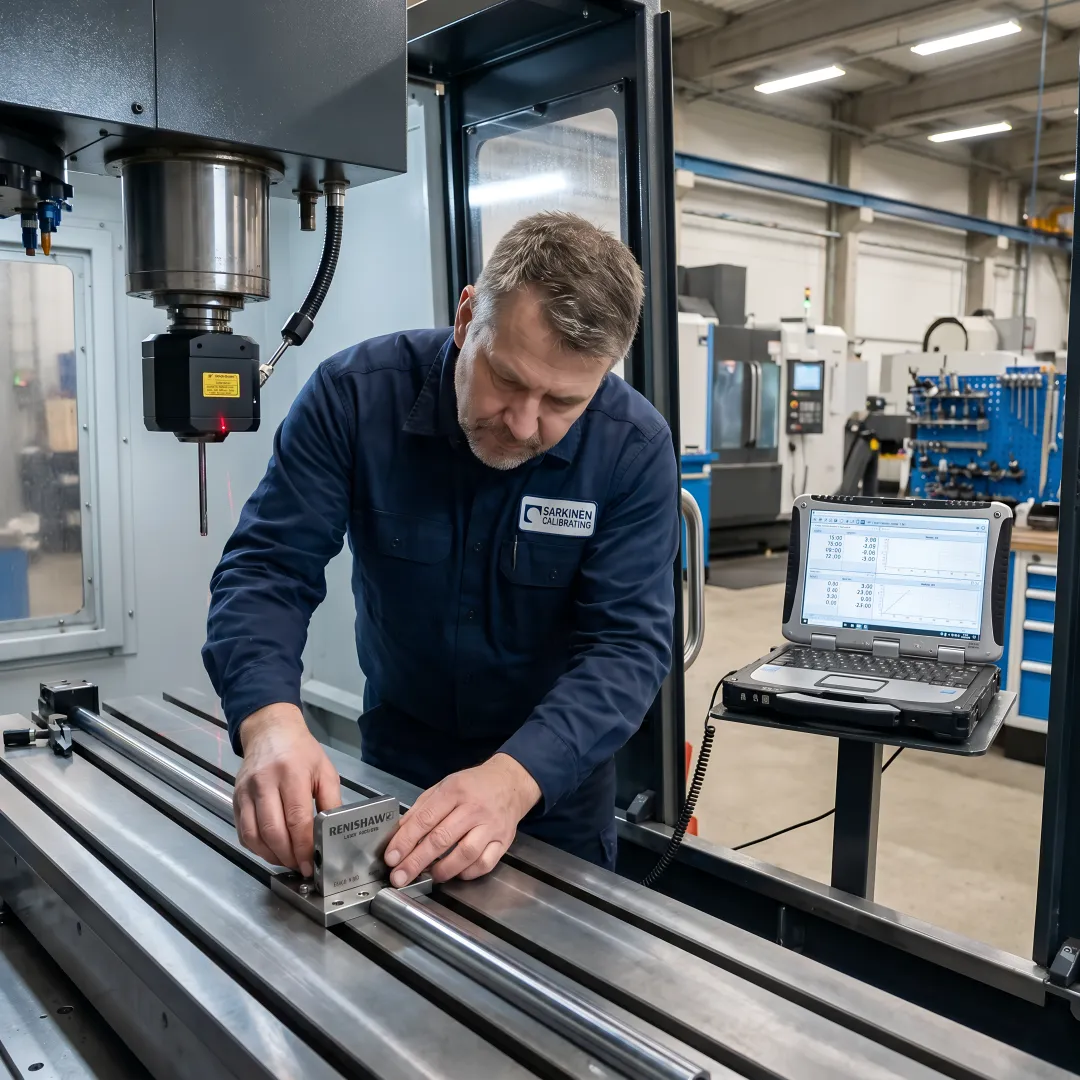 CNC machine operator performing precision calibration with laser measurement system