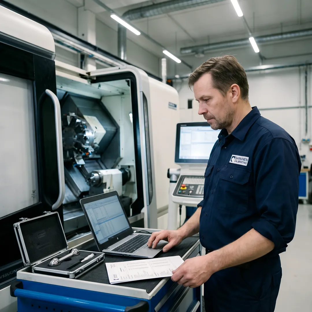 Technician analyzing laser interferometer calibration data on laptop screen in manufacturing facility