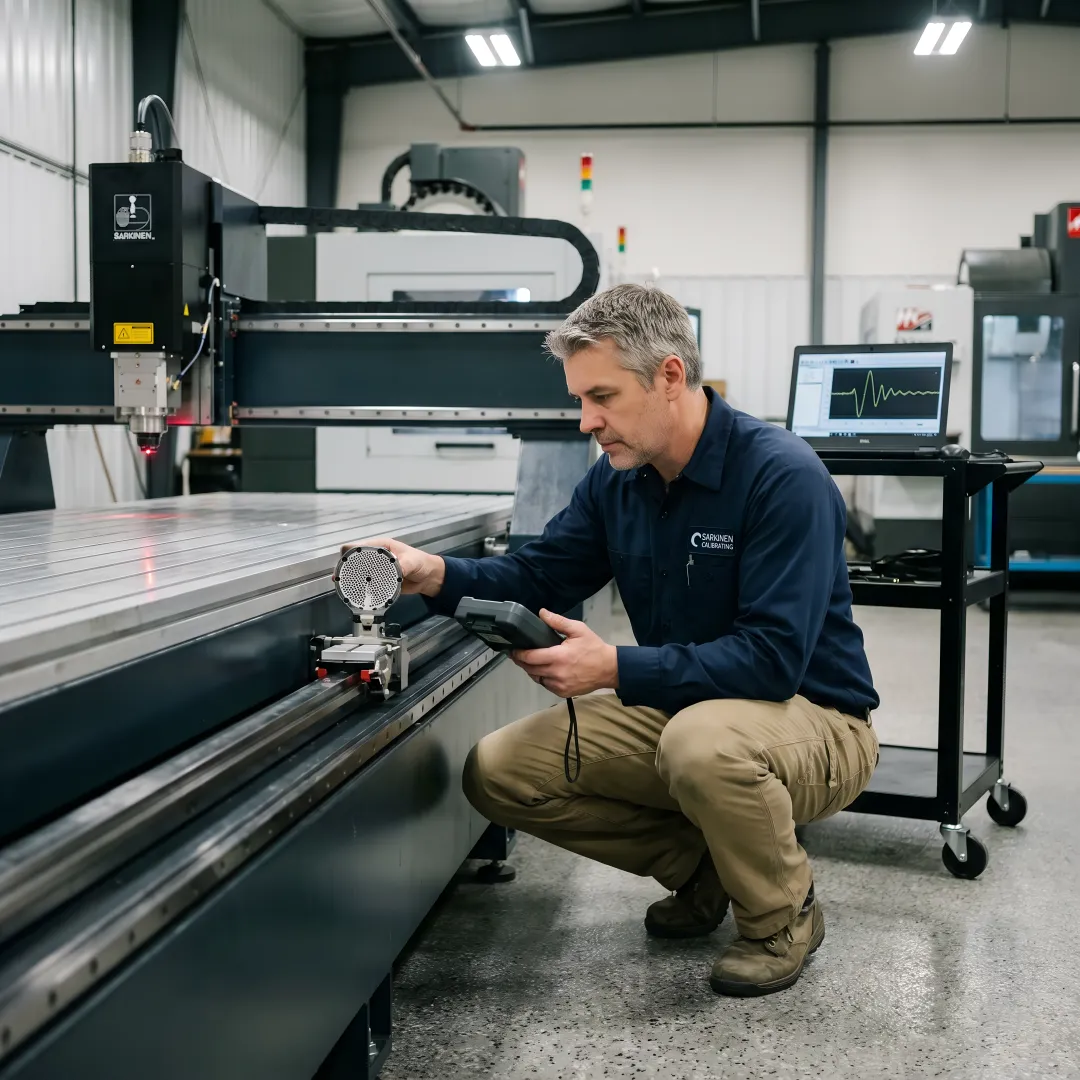 Precision laser interferometer measuring CNC machine accuracy in Oregon manufacturing facility