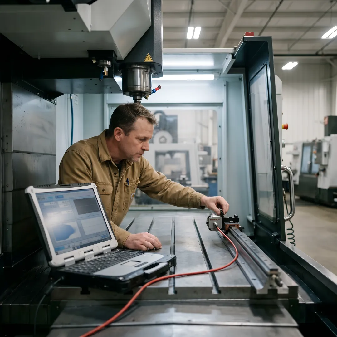 Technician performing precision machine calibration inspection on CNC equipment