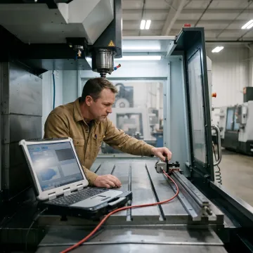 Technician performing precision machine calibration inspection on CNC equipment