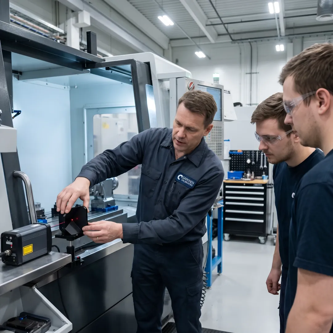 Instructor demonstrating CNC calibration techniques to manufacturing professionals