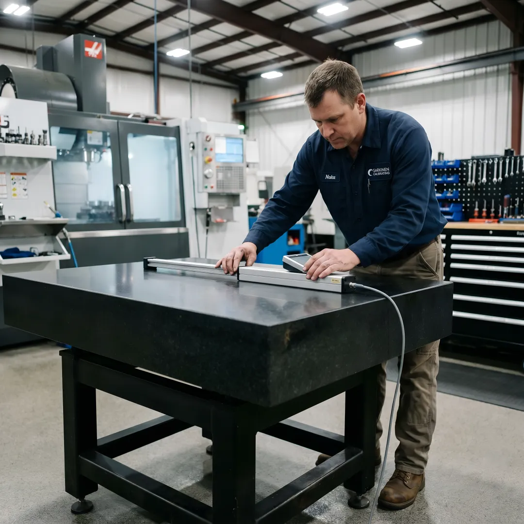 Precision surface plate being measured with calibration equipment in industrial workshop