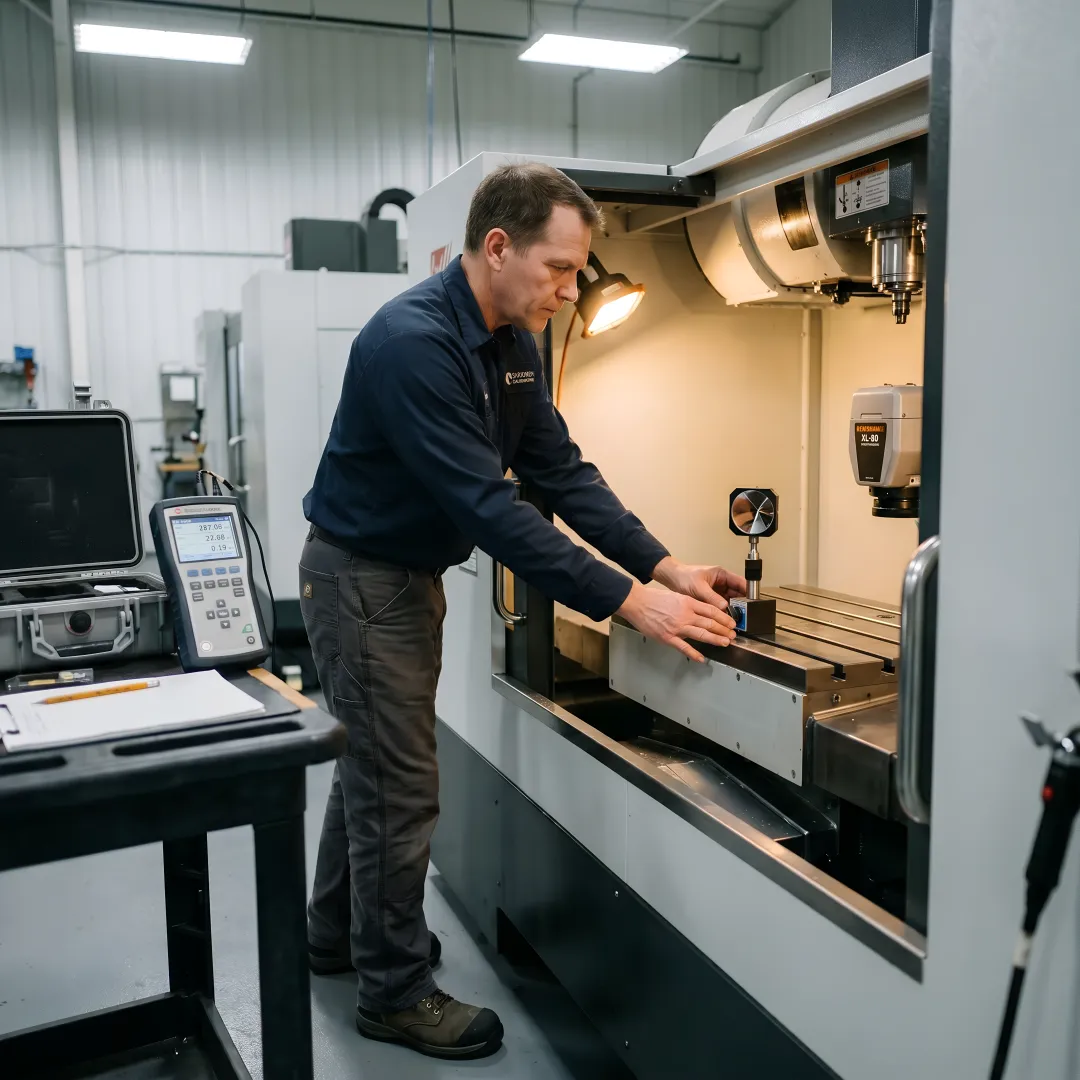 Technician performing linear axis calibration on CNC machine using laser interferometer