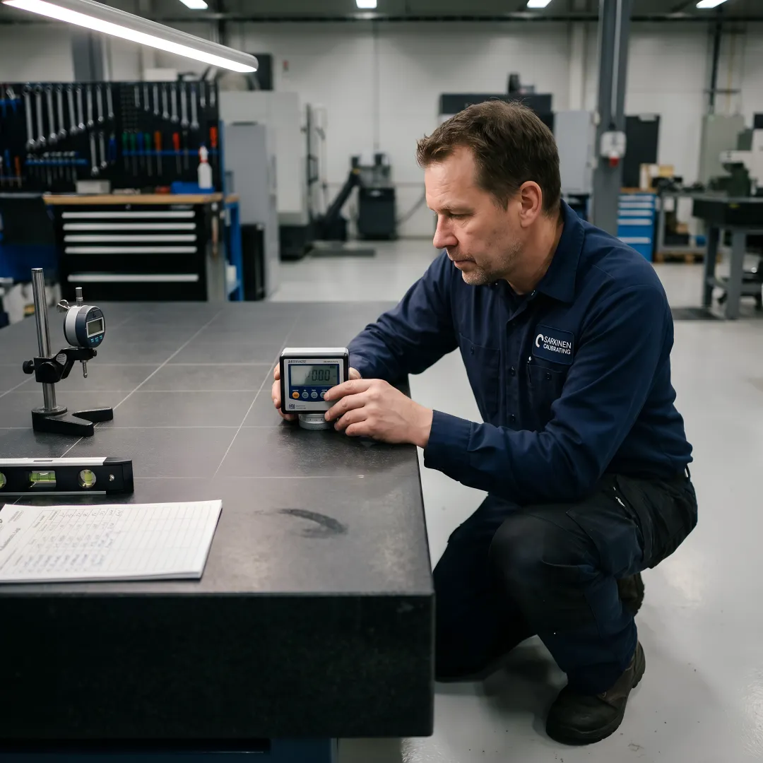 Technician measuring surface plate flatness with precision equipment