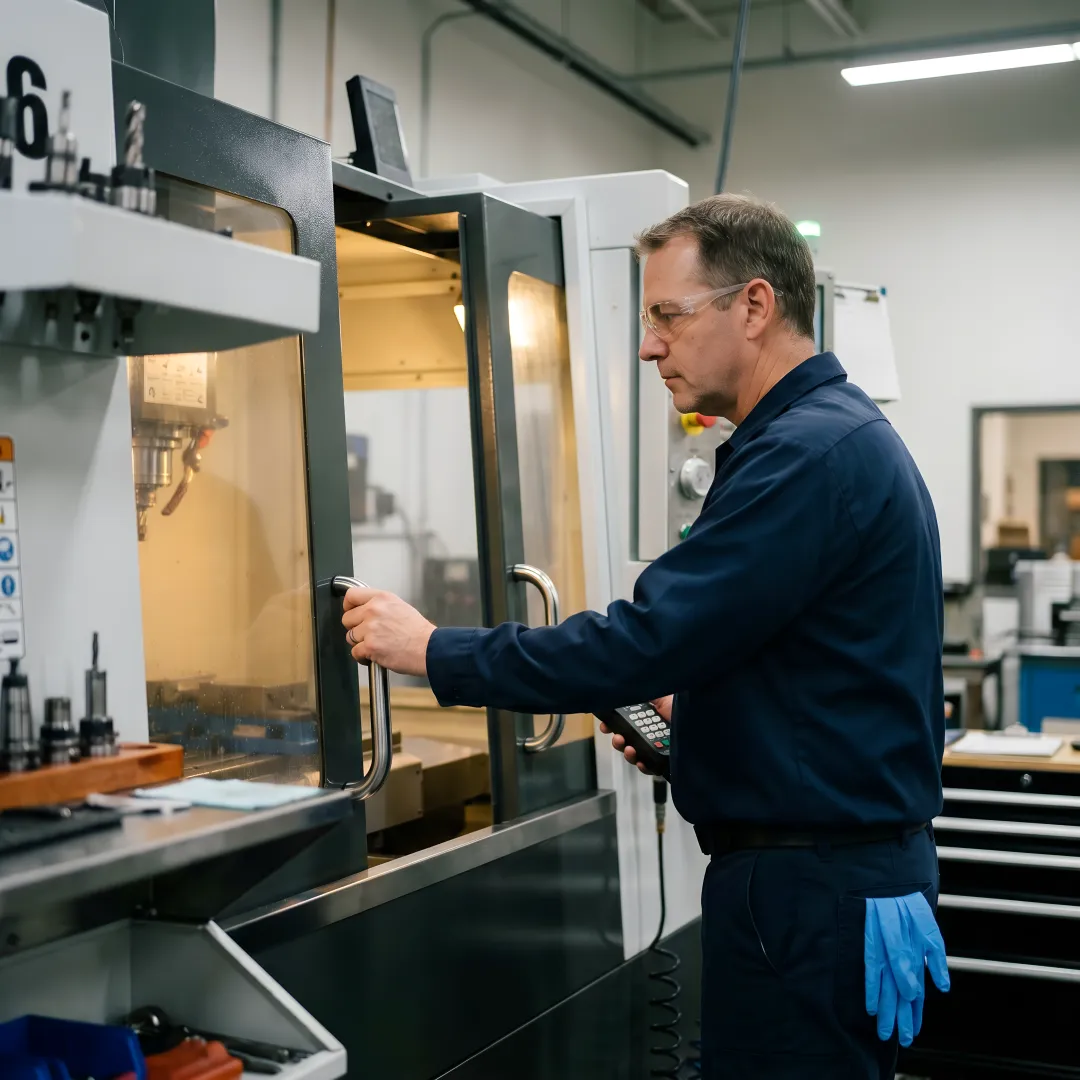Professional CNC machinist operating precision milling machine during certification training course