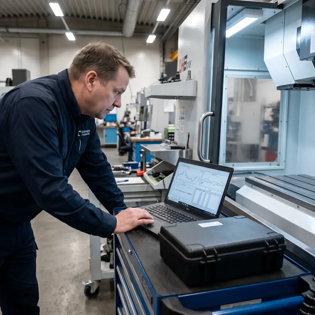 Technician analyzing CNC backlash test results on laptop with measurement graphs