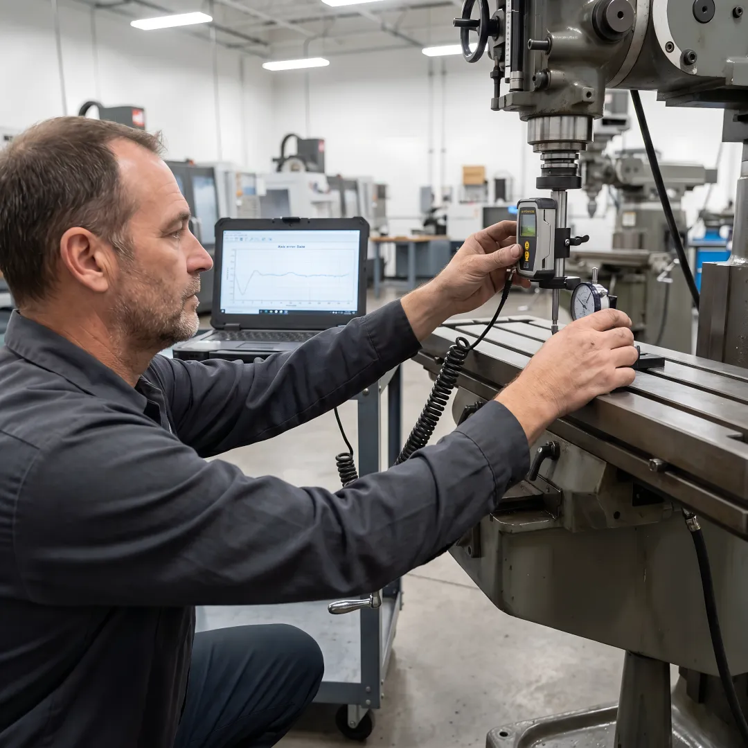 Precision CNC machine undergoing backlash testing with digital measurement equipment