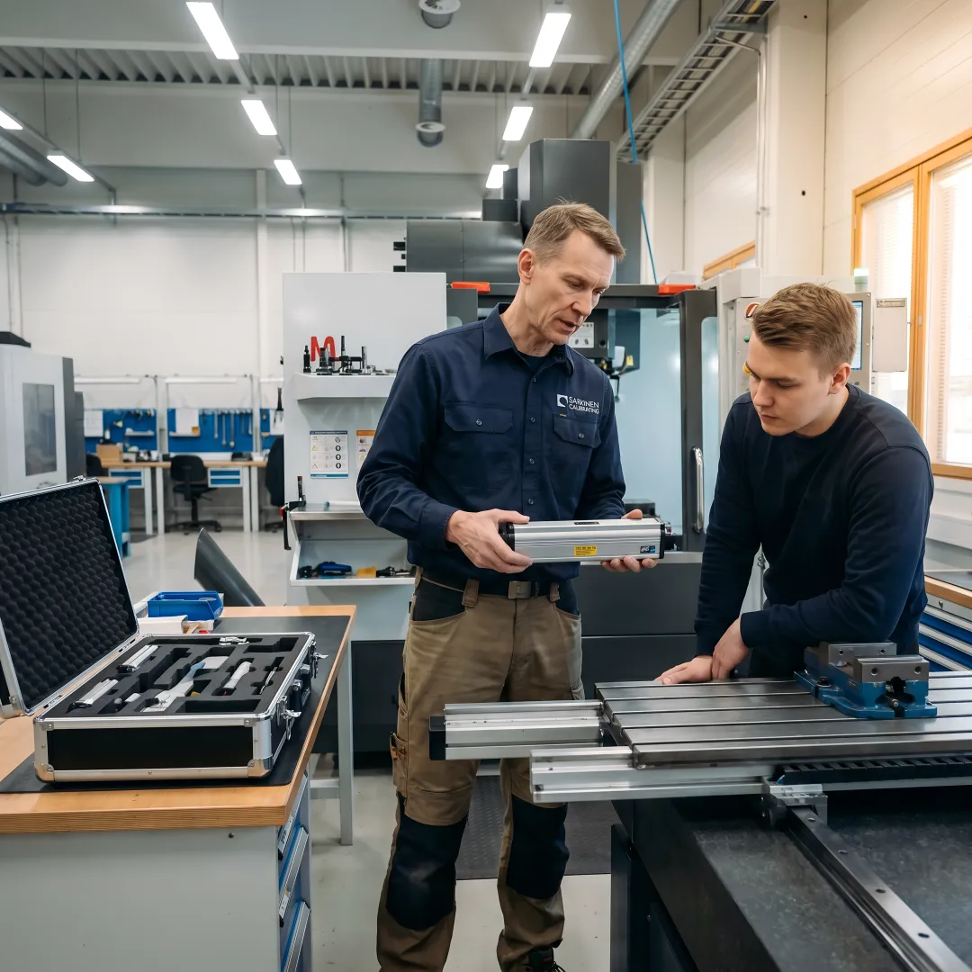 Instructor teaching CNC machinist student about precision measurement and machine calibration techniques