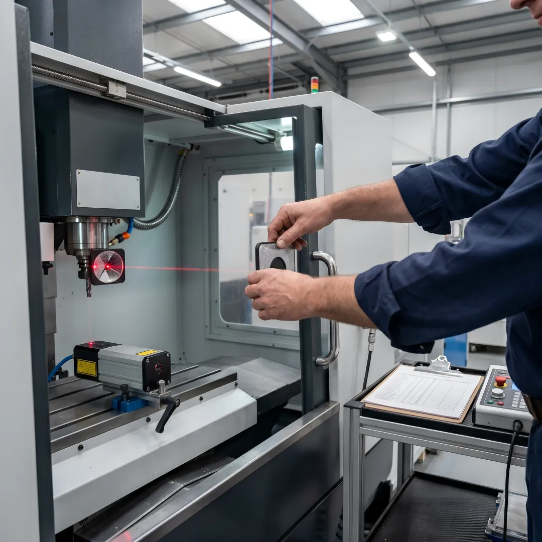 Precision laser interferometer calibrating CNC machine axis in manufacturing facility