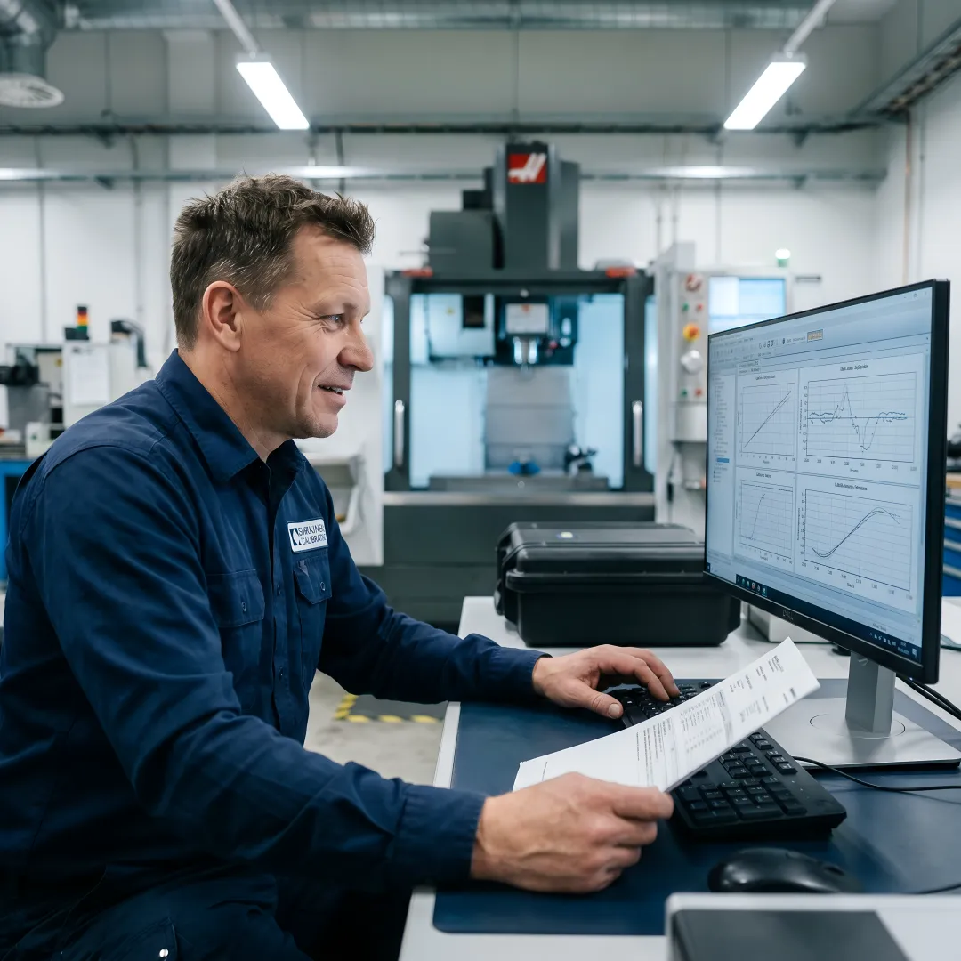 Calibration technician analyzing precision measurement data on laptop