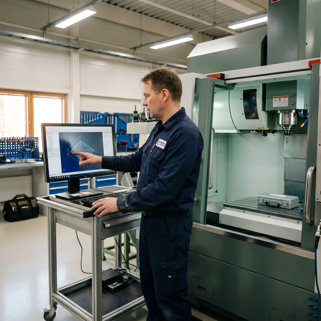 Instructor teaching CAM software programming on CNC milling machine
