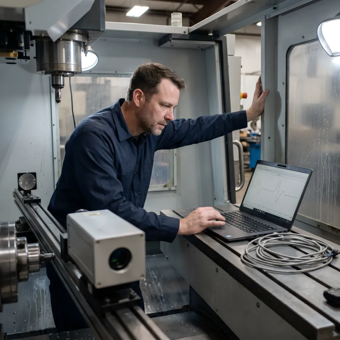 Technician analyzing laser calibration data on CNC machine tool