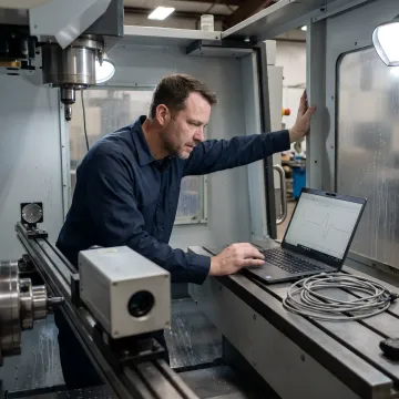 Technician analyzing laser calibration data on CNC machine tool