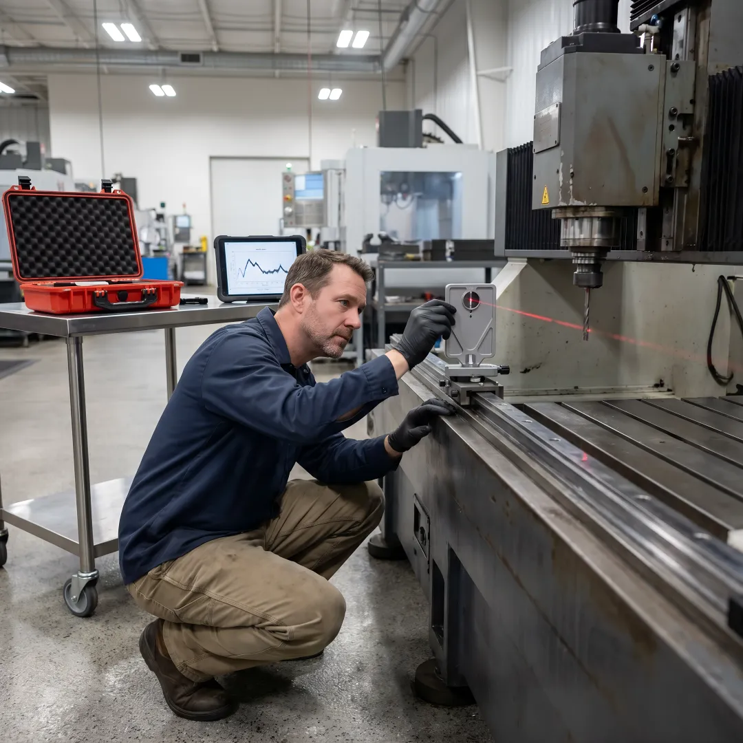Calibration technician performing precision measurement on CNC machine