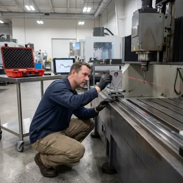 Calibration technician performing precision measurement on CNC machine