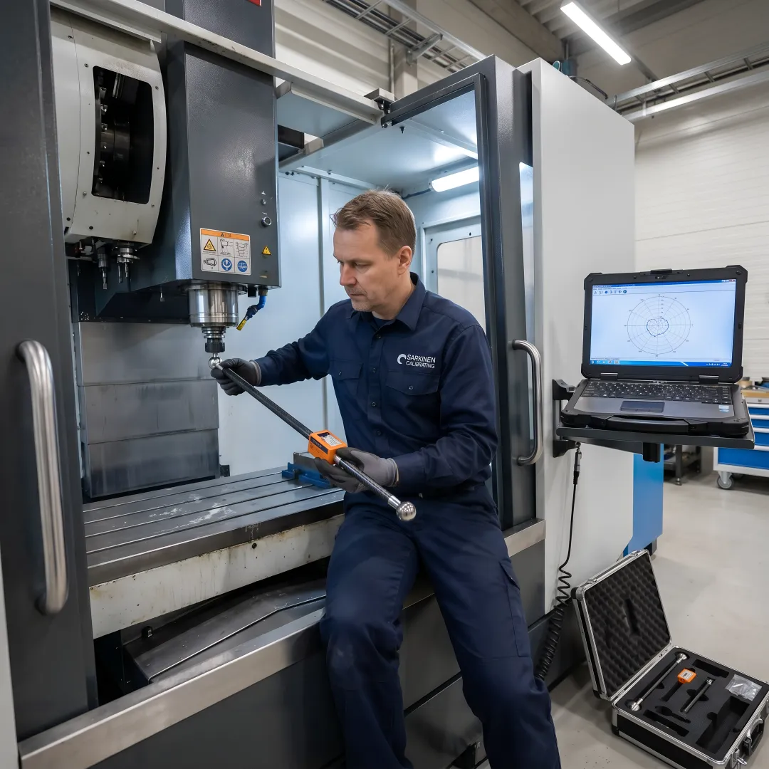 Technician performing ballbar test on CNC machine