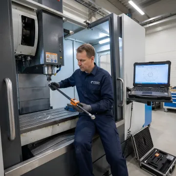 Technician performing ballbar test on CNC machine