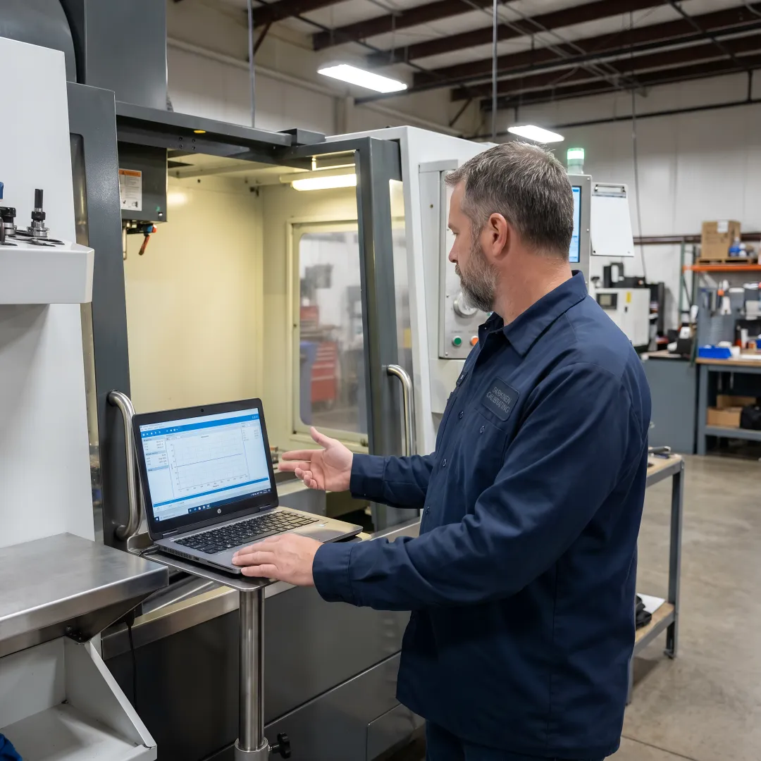 Manufacturing professional receiving hands-on CAM software training on CNC milling machine