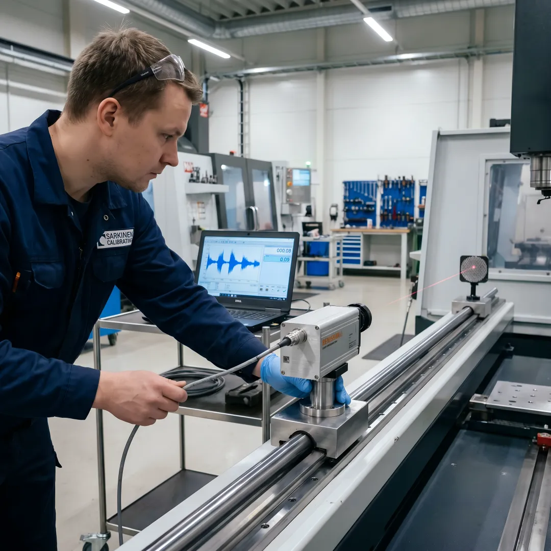 Technician performing precision laser interferometer calibration on CNC machine axis