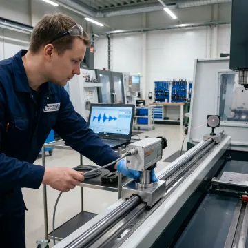 Technician performing precision laser interferometer calibration on CNC machine axis