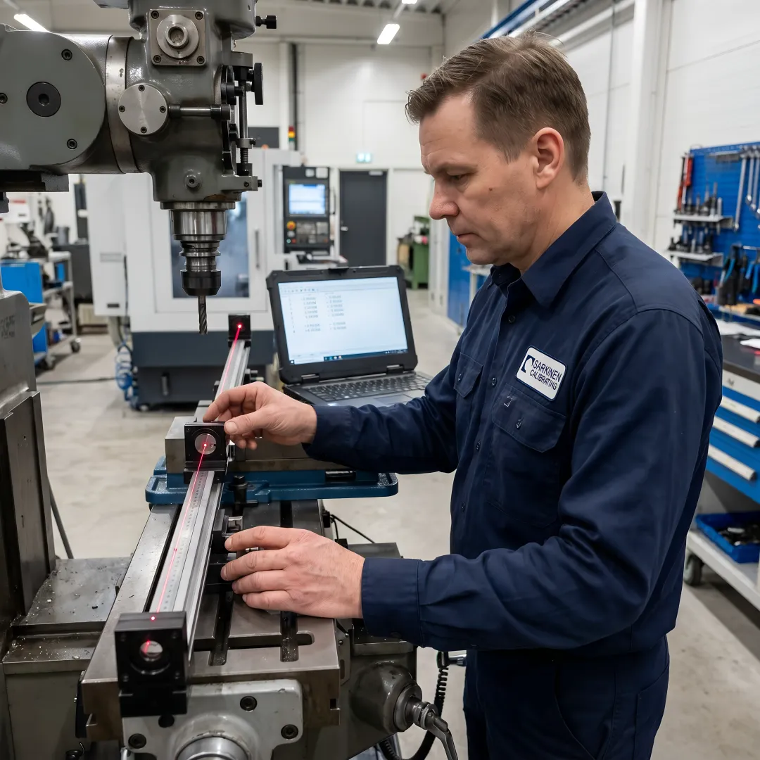 Industrial CNC machine undergoing precision condition monitoring with laser measurement equipment