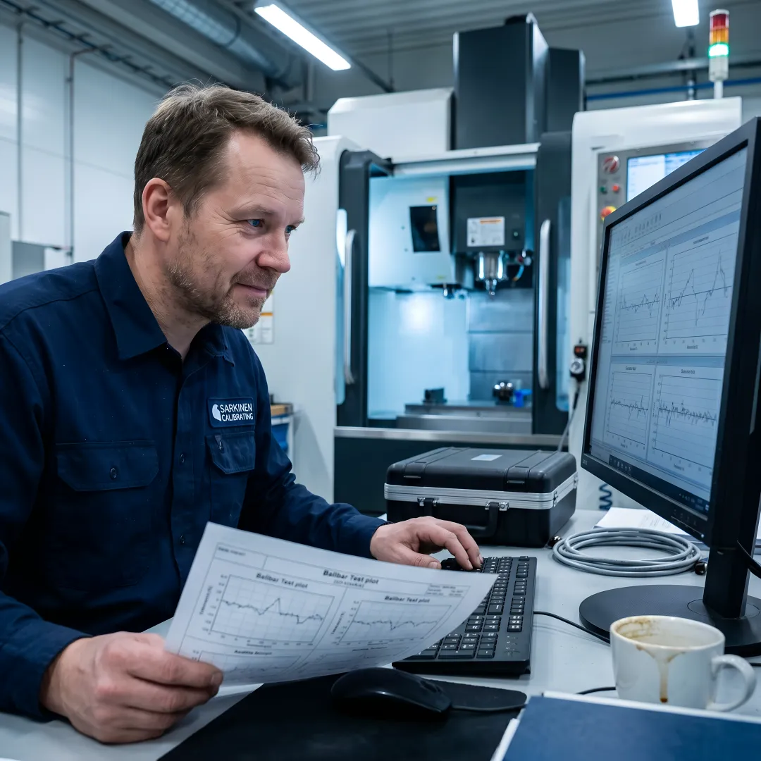 Calibration technician reviewing measurement data on laptop next to CNC machine