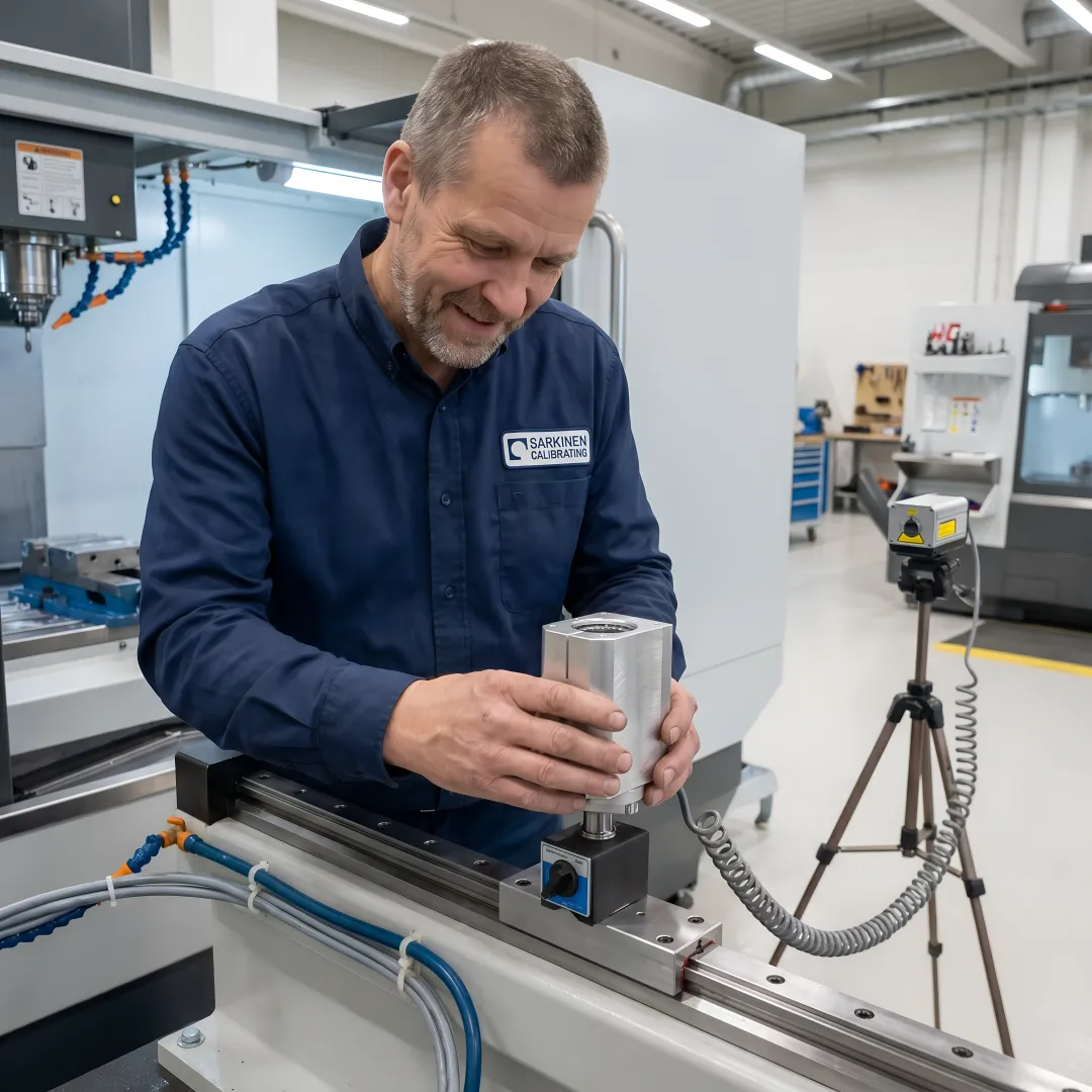 Technician performing CNC machine calibration with laser equipment